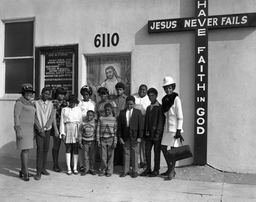 Women and children outside church, Los Angles, 1970