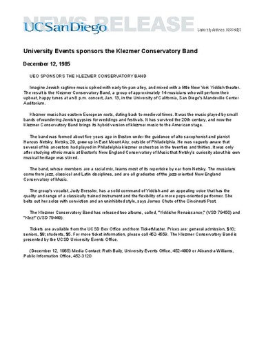 University Events sponsors the Klezmer Conservatory Band