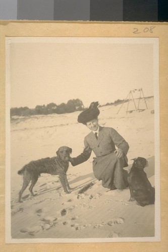 [Woman and dogs at beach]