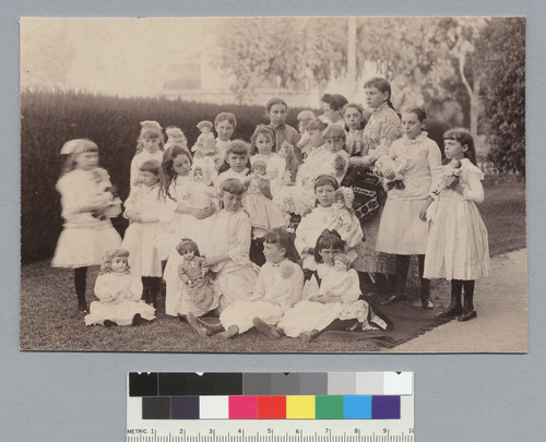 Group portrait of children at doll tea party, Roland G. Brown residence, Oakland. [photographic print]