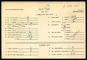 WPA Low income housing area survey data card 56, serial 8718
