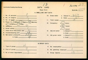 WPA Low income housing area survey data card 13, serial 15038