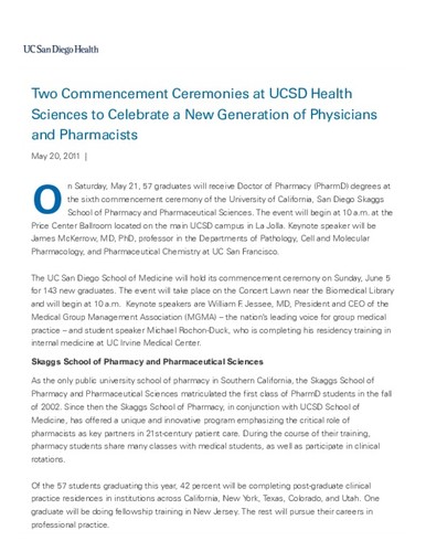Two Commencement Ceremonies at UCSD Health Sciences to Celebrate a New Generation of Physicians and Pharmacists
