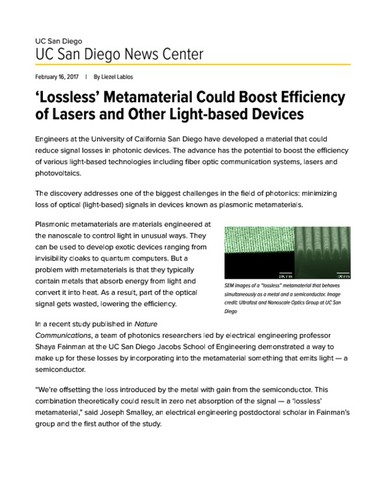 ‘Lossless’ Metamaterial Could Boost Efficiency of Lasers and Other Light-based Devices