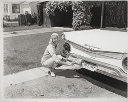 Miss Sonoma County, Chonne Patton putting a bumper sticker on a Ford Fairlane, Santa Rosa, California, 1959
