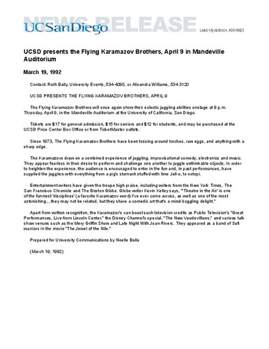 UCSD presents the Flying Karamazov Brothers, April 9 in Mandeville Auditorium