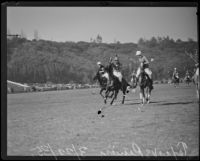 Polo match between Texas and Riviera, a Santa Monica-based team, at the Uplifter's Ranch polo field in Rustic Canyon, Los Angeles, 1935