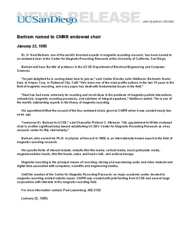 Bertram named to CMRR endowed chair