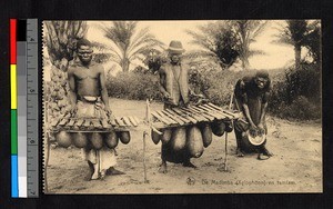 Men playing xylophones and drums, Congo, ca.1920-1940