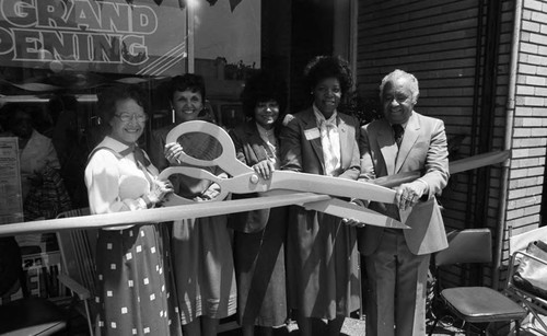 Frankie and Douglas Bell and others at a grand opening of their restaurant, Los Angeles, 1984