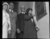 Margaret Sartori unveils the dedication plaque at Hershey Hall, UCLA, Los Angeles, 1931