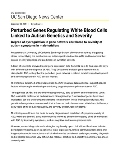Perturbed Genes Regulating White Blood Cells Linked to Autism Genetics and Severity