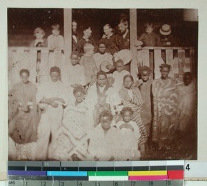 Ingeborg and Reinert Larsen Aas together with Ellen and Elling Bertelsen and Malagasy friends, Morondava, Madagascar, 1882-08