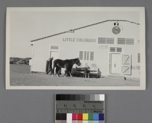 Post office building in Cameron, Arizona, with Navajo man, horses, and a dog in front