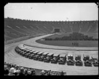 Panorama (left half) of a police inspection at the Los Angeles Memorial Coliseum, Los Angeles, 1927