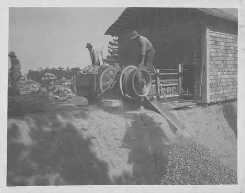 Stone crusher in operation, at 100-inch telescope dome site, Mount Wilson Observatory