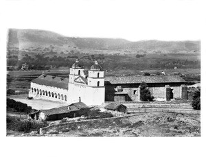 General view looking west, from the hill to the east, at Mission Santa Barbara, ca.1880