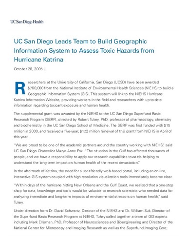 UC San Diego Leads Team to Build Geographic Information System to Assess Toxic Hazards from Hurricane Katrina