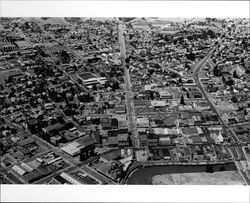 Downtown Petaluma, California looking west from Petaluma River, April 28, 1973