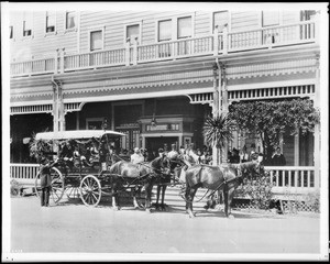 Hotel Raymond's four-horse carriage in front of the hotel in South Pasadena, ca.1890