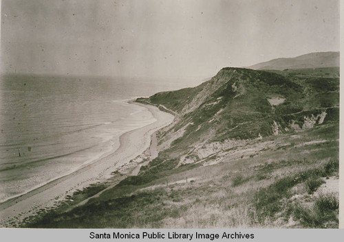 Looking up the coast where Las Pulgas Canyon juts out, near the future site of the Bel Air Bay Club and Pacific Coast Highway