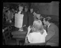 Women's Christian Temperance Union lecturing on evils of liquor in bar in Pasadena, Calif., 1947