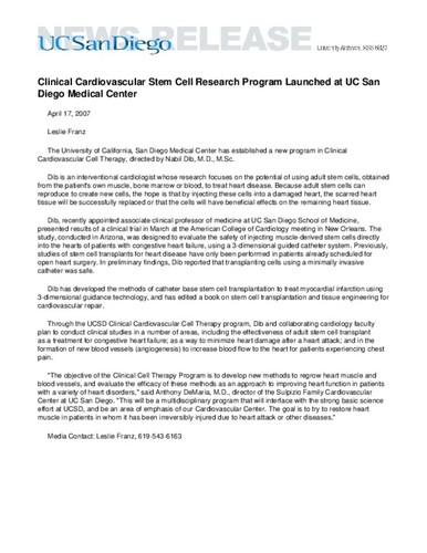 Clinical Cardiovascular Stem Cell Research Program Launched at UC San Diego Medical Center