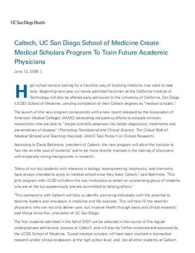 Caltech, UC San Diego School of Medicine Create Medical Scholars Program To Train Future Academic Physicians
