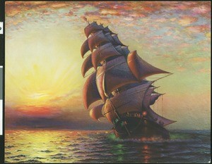 Color painting of sailing ship on sea, showing an elaborate sunset in the background, ca.1700