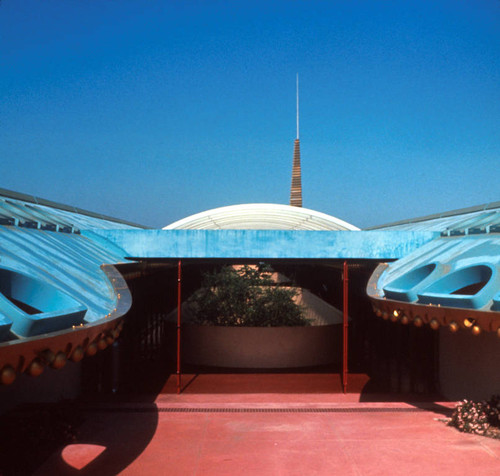 Administration Building roof and spire from the fourth floor patio of the Frank Lloyd Wright-designed Marin County Civic Center, San Rafael, California, 1962 [photograph]