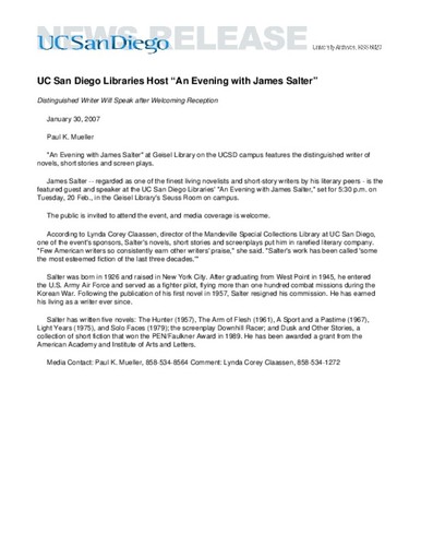 UC San Diego Libraries Host “An Evening with James Salter”--Distinguished Writer Will Speak after Welcoming Reception