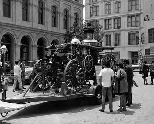 Amoskeag Steam Engine parked for display in front of Pico House (north side) on Paseo de la Plaza