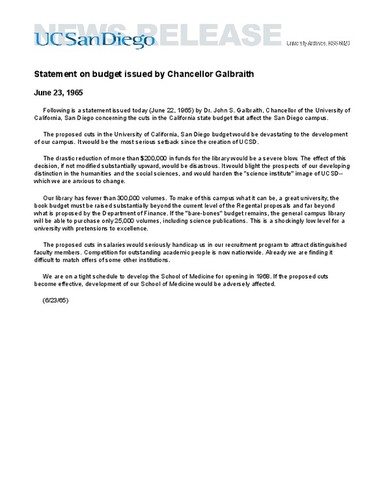 Statement on budget issued by Chancellor Galbraith