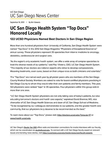 UC San Diego Health System “Top Docs” Honored Locally