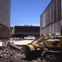 Demolition site at K and L, 12th and 13th Streets for the new Hyatt Hotel in 1984. A State of California building and a public parking lot occupied the site