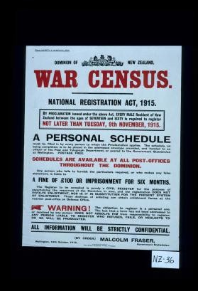 Dominion of New Zealand. War census. National Registration Act, 1915 ... every male ... between the ages of seventeen and sixty is required to register ... is a civil register ... and ... does not involve enlistment ... Malcolm Fraser, Government Statistician. Wellington, 18th October, 1915