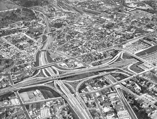 Aerial view of Downtown Los Angeles, looking east