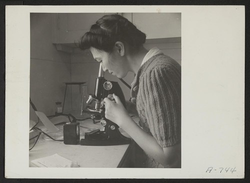 Hospital Series. Laboratory. Miss May Kumasaka, chief laboratory technician. Former occupation: lab technician. Former residence: Seattle, Washington. Photographer: Stewart, Francis Hunt, Idaho