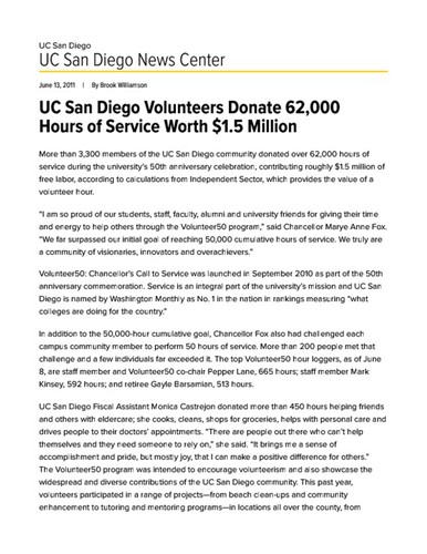 UC San Diego Volunteers Donate 62,000 Hours of Service Worth $1.5 Million