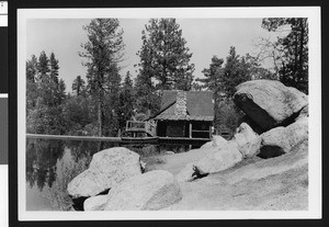 Exterior view of a home which was used in filming "The Trail of the Lonesome Pine" at Bartlett's Cedar Lake, ca.1950