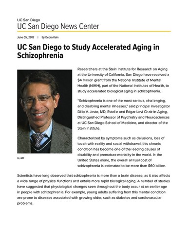 UC San Diego to Study Accelerated Aging in Schizophrenia