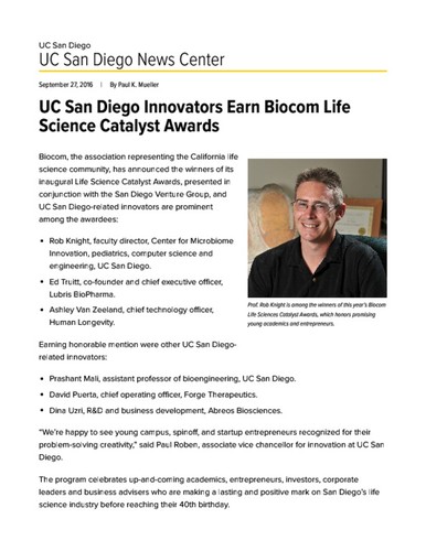 UC San Diego Innovators Earn Biocom Life Science Catalyst Awards