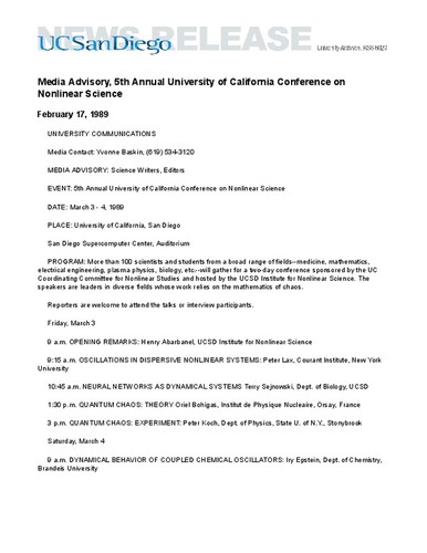 Media Advisory, 5th Annual University of California Conference on Nonlinear Science