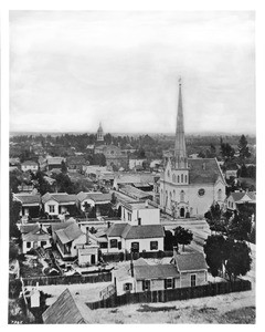 Birdseye view of Los Angeles over the intersection of Second Street and Broadway looking east, ca.1878