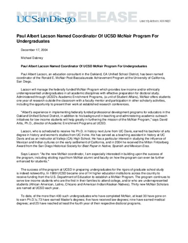 Paul Albert Lacson Named Coordinator Of UCSD McNair Program For Undergraduates