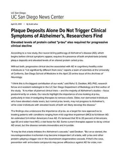 Plaque Deposits Alone Do Not Trigger Clinical Symptoms of Alzheimer's, Researchers Find