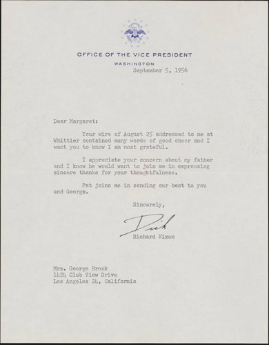 1956 September 5- Richard Nixon to Margaret Brock