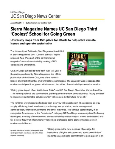 Sierra Magazine Names UC San Diego Third 'Coolest' School for Going Green