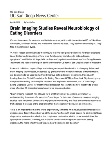 Brain Imaging Studies Reveal Neurobiology of Eating Disorders