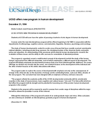 UCSD offers new program in human development